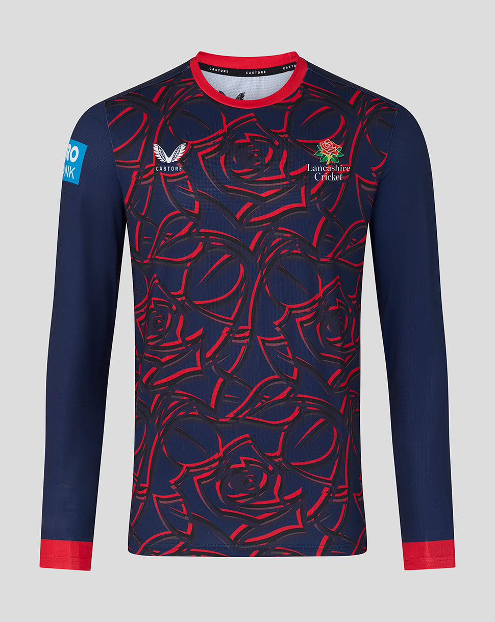 Lancashire Cricket long sleeve jersey in navy with bold red rose pattern and red trim on cuffs