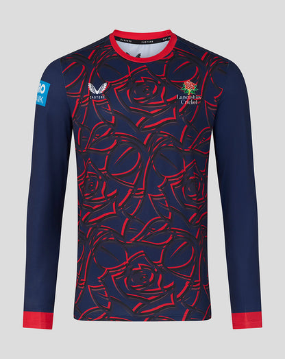 Lancashire Cricket long sleeve jersey in navy with bold red rose pattern and red trim on cuffs