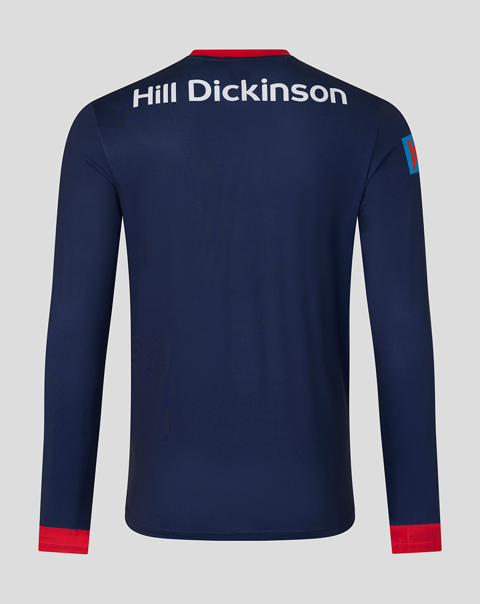 Back view of navy Lancashire ODI jersey with Hill Dickinson across the upper back and a sponsor patch on the sleeve