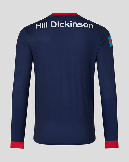 Back view of navy Lancashire ODI jersey with Hill Dickinson across the upper back and a sponsor patch on the sleeve