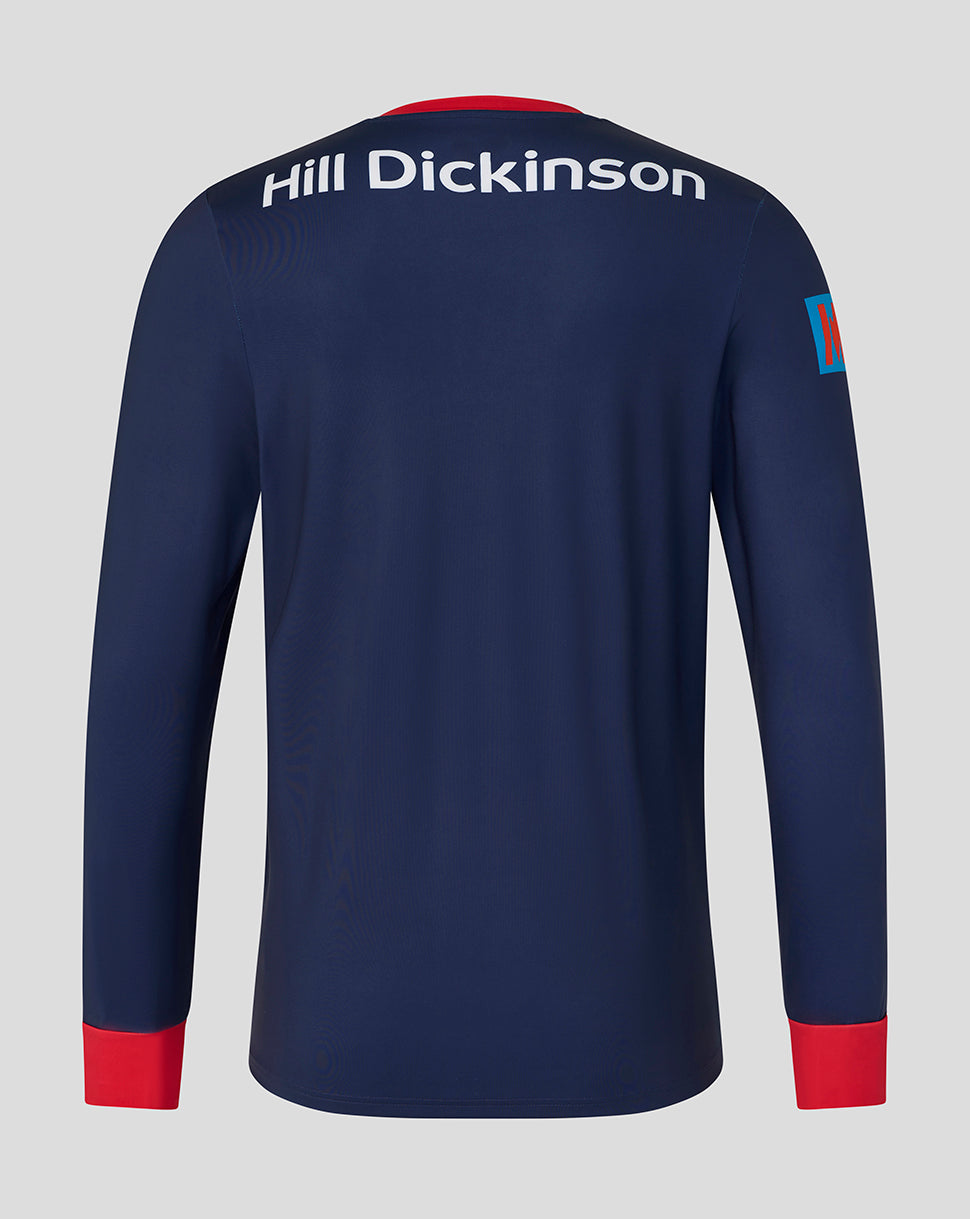 Navy ODI sweatshirt with red cuffs and collar and Hill Dickinson branding across the upper back
