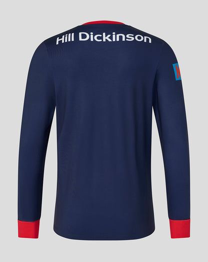 Navy ODI sweatshirt with red cuffs and collar and Hill Dickinson branding across the upper back