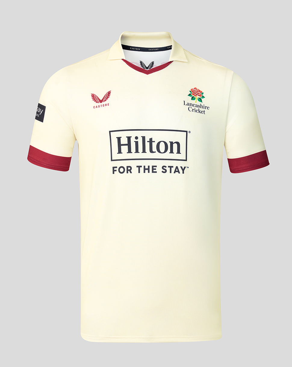 Cream Lancashire County Championship jersey with maroon tipped sleeves Red Rose crest and Hilton sponsor.
