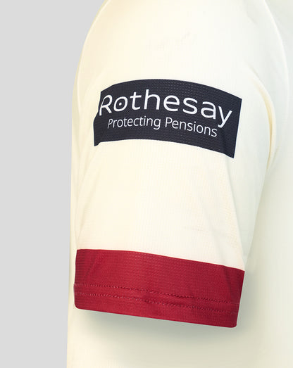 Close up of the cream Lancashire jersey sleeve with Rothesay Protecting Pensions patch and red cuff.