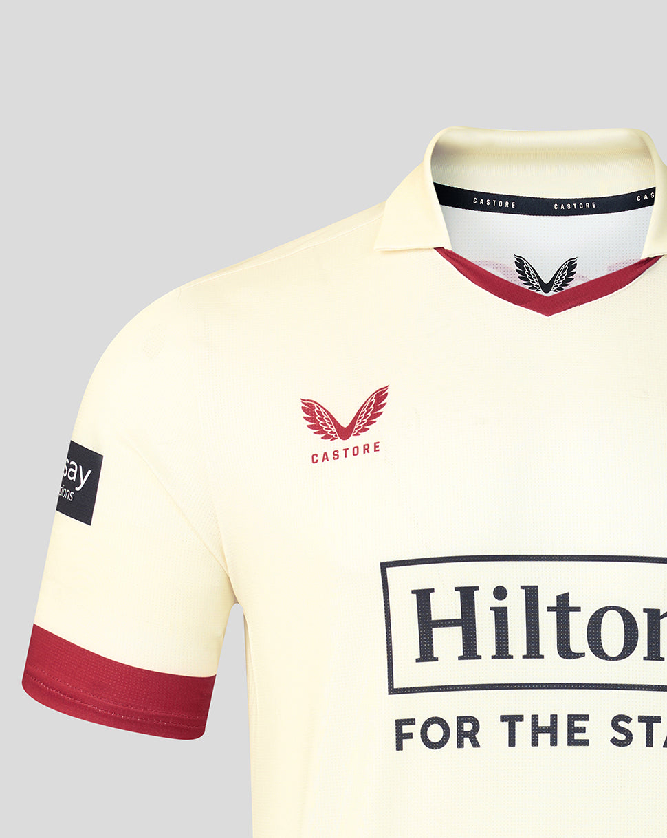 Cream Lancashire County Champs short sleeve jersey with red rose crest maroon tipping and Hilton sponsor