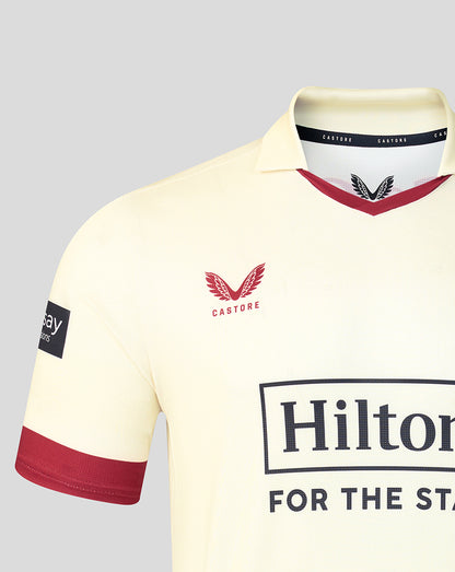 Cream Lancashire County Champs short sleeve jersey with red rose crest maroon tipping and Hilton sponsor