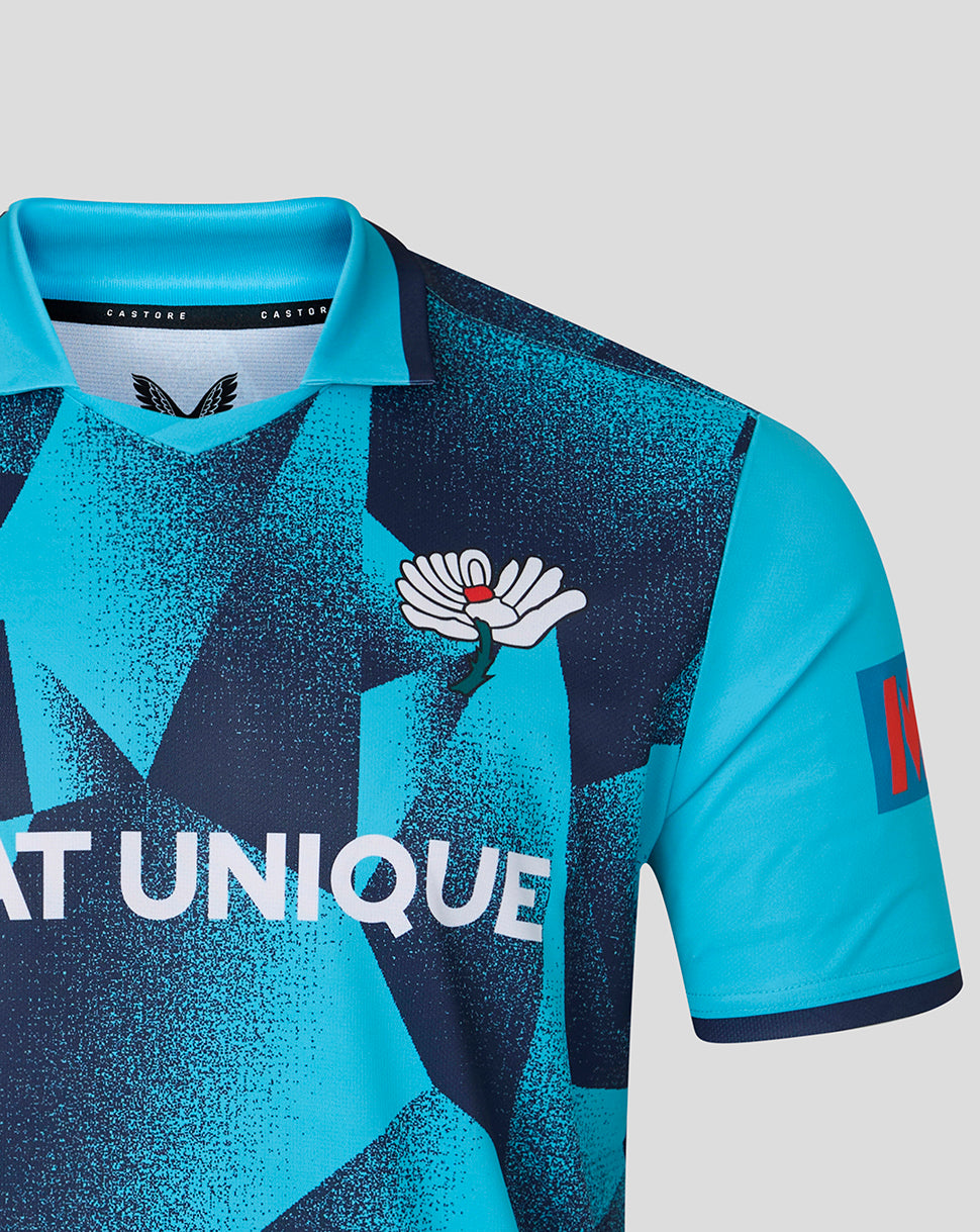 Blue and black sports jersey with a logo and text on a light gray background