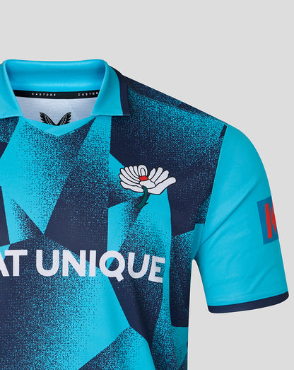 Blue and black sports jersey with a logo and text on a light gray background