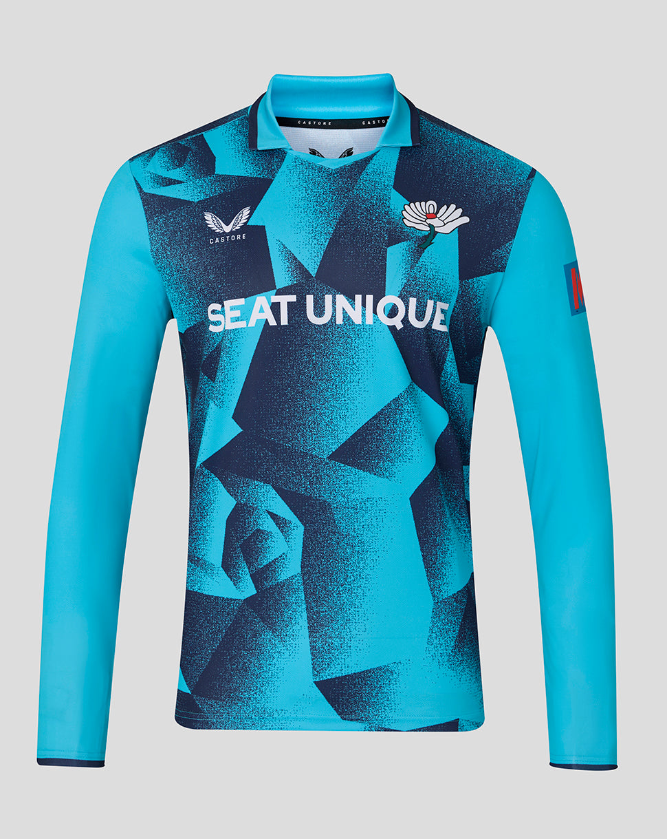 Blue sports jersey with geometric pattern and visible branding on a gray background