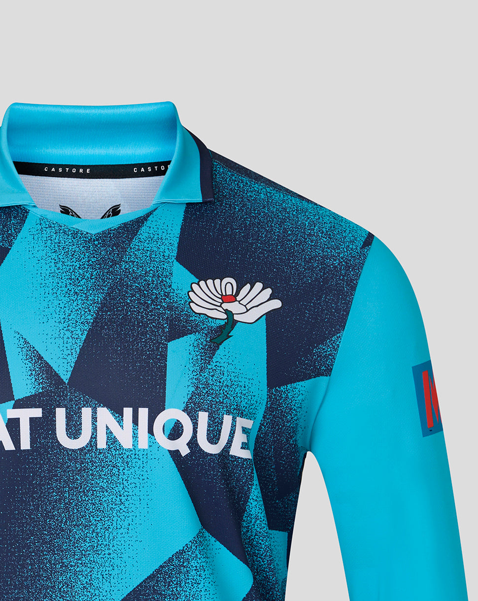 Blue sports jersey with star design and visible branding on a light gray background