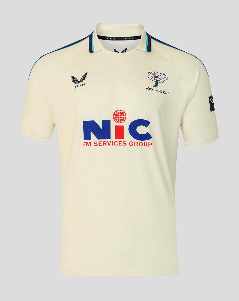 Cream County Championship short sleeve jersey with Yorkshire CCC crest on chest and NIC sponsor logo