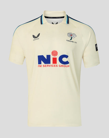 Cream County Championship short sleeve jersey with Yorkshire CCC crest on chest and NIC sponsor logo
