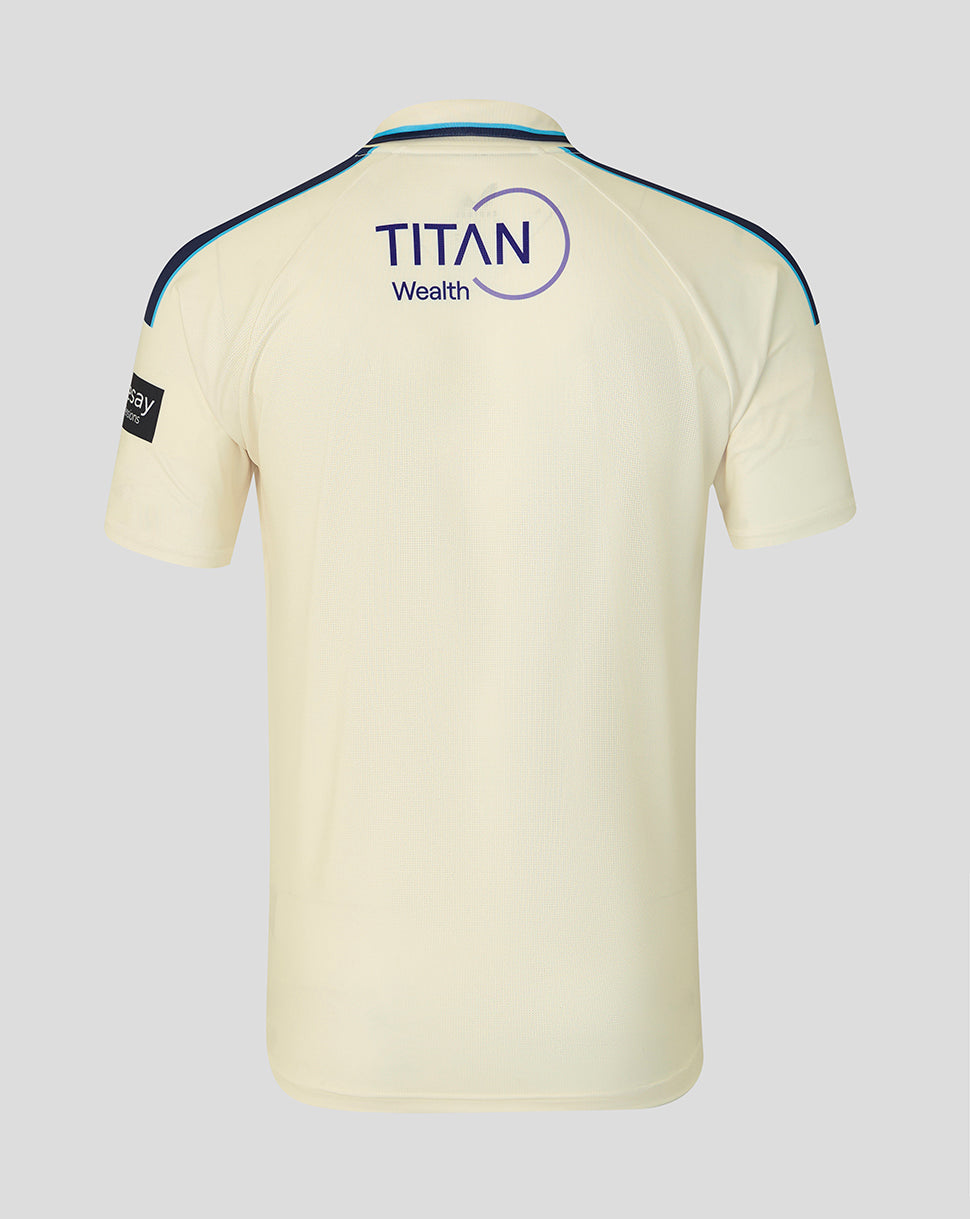 Cream Yorkshire CCC county championship jersey back view with navy piping along shoulders and Titan Wealth logo.