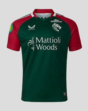 Front view of Leicester Tigers 25/26 replica home shirt in green with red sleeves and Mattioli Woods sponsor