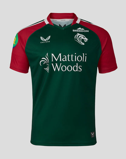 Front view of Leicester Tigers junior 25/26 replica home shirt in green with red sleeves and sponsor logos.
