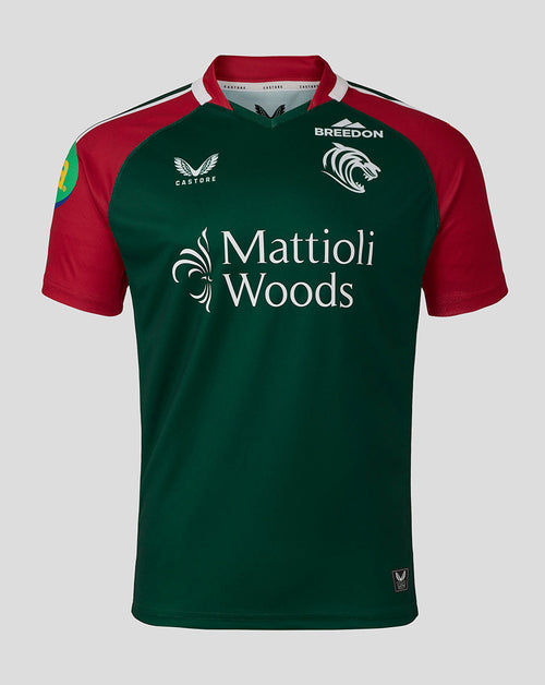 Front view of Leicester Tigers junior 25/26 replica home shirt in green with red sleeves and sponsor logos.