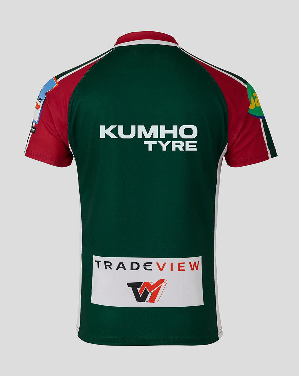 Back view of Leicester Tigers 25/26 replica home shirt in green with red sleeves and Kumho Tyre sponsor on lower back