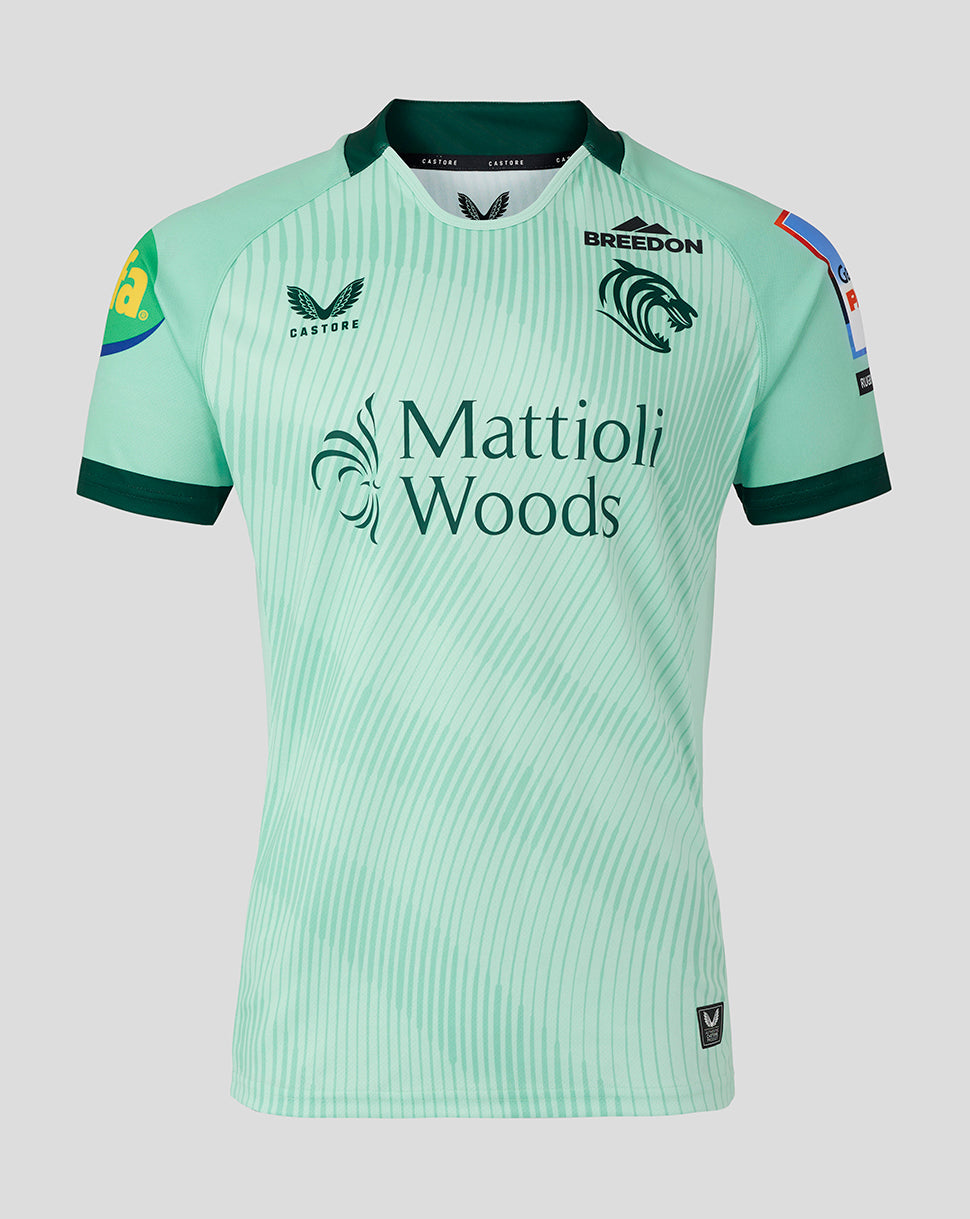 Mint green Leicester Tigers replica away rugby shirt with diagonal stripe pattern and Mattioli Woods sponsor.