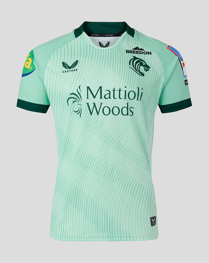 Mint green Leicester Tigers replica away rugby shirt with diagonal stripe pattern and Mattioli Woods sponsor.