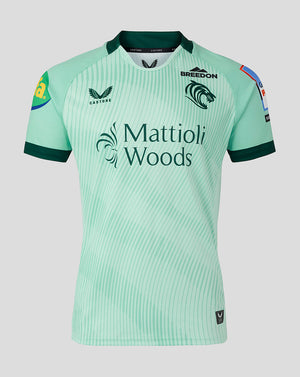 Junior replica away shirt in pale mint green with diagonal stripes and Mattioli Woods sponsor.