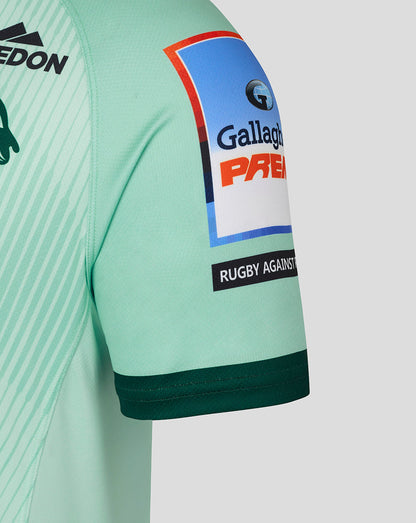Mint green Leicester Tigers junior replica away shirt sleeve with Gallagher Premiership patch.
