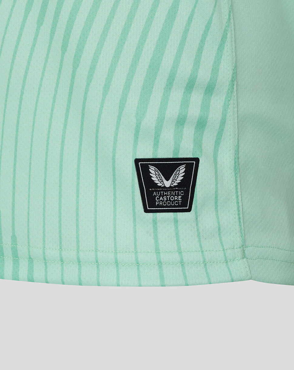 Close up of mint green Leicester Tigers away shirt sleeve with large yellow Jaffa sponsor logo on a green patch