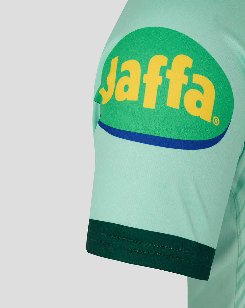 Sleeve close-up showing bold yellow Jaffa logo on mint green Leicester Tigers away shirt with dark cuff