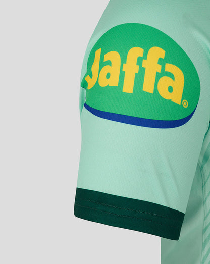 Sleeve close-up showing bold yellow Jaffa logo on mint green Leicester Tigers away shirt with dark cuff