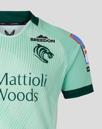 Leicester Tigers Junior 25/26 Replica Away Shirt mint green with diagonal stripes and Mattioli Woods sponsor