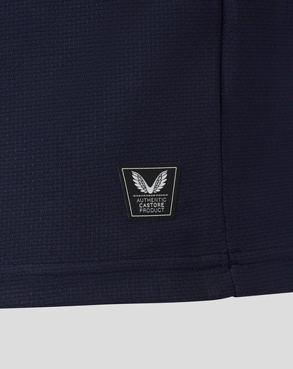 Close up of navy Everton At Night replica shirt fabric with a Castore authentic product badge