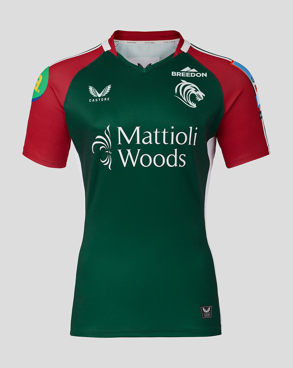 Front view of Leicester Tigers Junior 25/26 Pro Home Shirt in green with red sleeves and Mattioli Woods sponsor