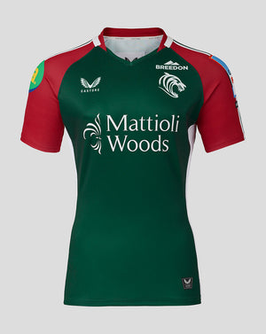 Front view of Leicester Tigers Junior 25/26 Pro Home Shirt in green with red sleeves and Mattioli Woods sponsor