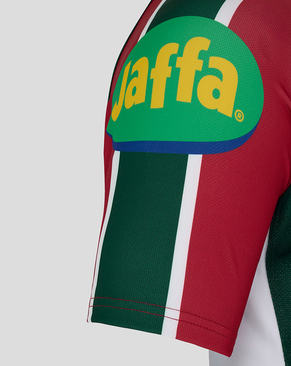 Leicester Tigers Pro Home shirt sleeve with Jaffa sponsor patch on green red white stripe design