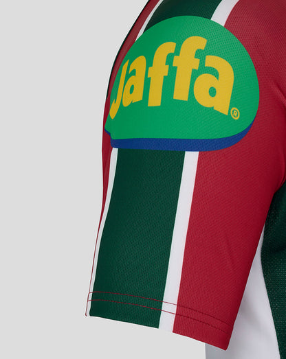 Sleeve close-up showing large Jaffa sponsor logo on red green white Leicester Tigers Junior 25/26 Pro Home Shirt