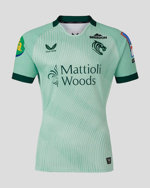 Front view of Leicester Tigers Men's 25/26 Pro Away Shirt in mint green with Mattioli Woods sponsor and team logos