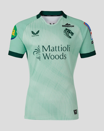 Junior Leicester Tigers 25/26 Pro Away shirt in light green with Mattioli Woods sponsor and team logos on the chest