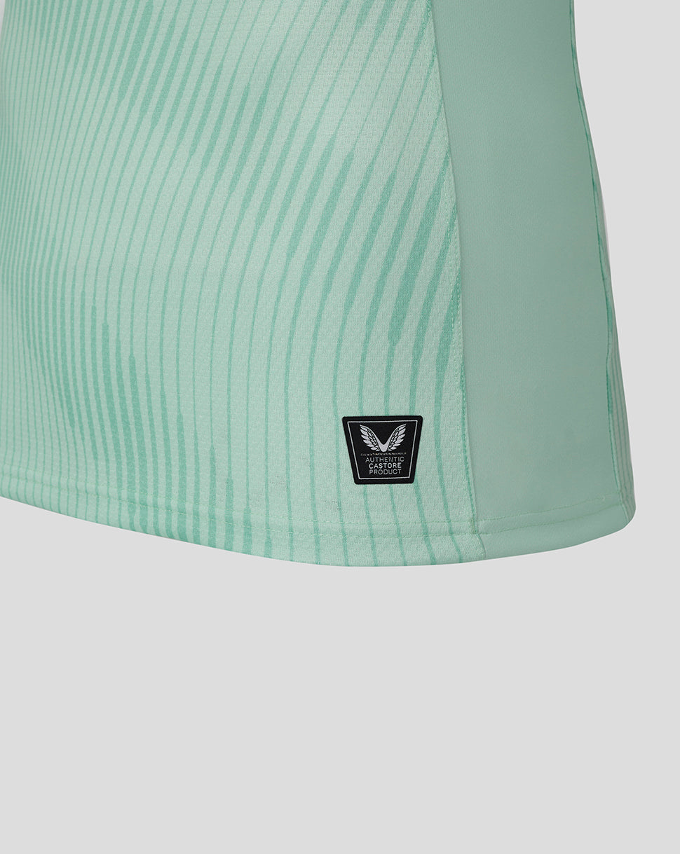 Leicester Tigers Junior 25/26 Pro Away Shirt close up of mint green striped fabric with Castore authenticity patch