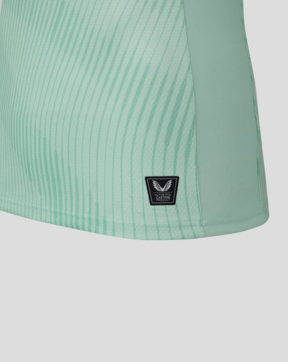Leicester Tigers Junior 25/26 Pro Away Shirt close up of mint green striped fabric with Castore authenticity patch