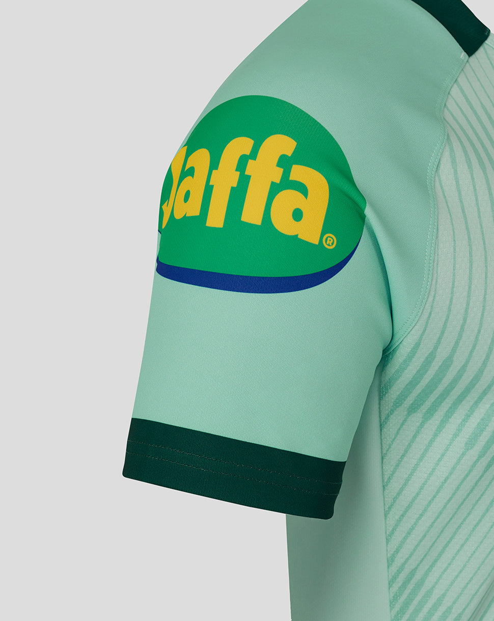 Sleeve close up of the mint Leicester Tigers jersey featuring the Gaffa patch and Rugby Against Racism label