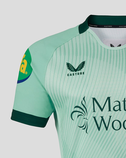 Close up of mint green Leicester Tigers Pro Away shirt showing shoulder seam diagonal stripe pattern and Mattioli Woods sponsor
