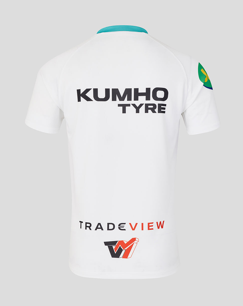 White t-shirt with Kumho Tyre and TradeView logos on a light gray background