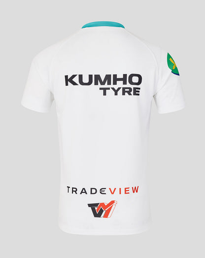 White t-shirt with Kumho Tyre and TradeView logos on a light gray background