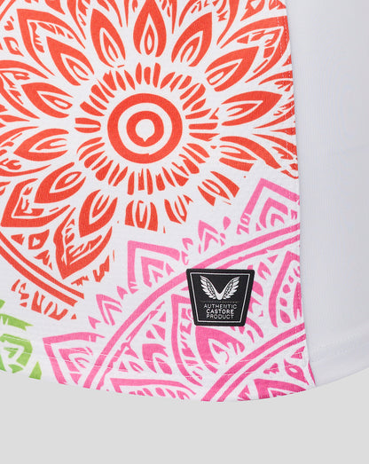 Product with a colorful geometric pattern and a brand label on a white background