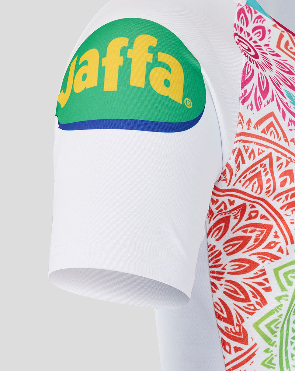 Colorful swimsuit with 'Jaffa' logo on a white background