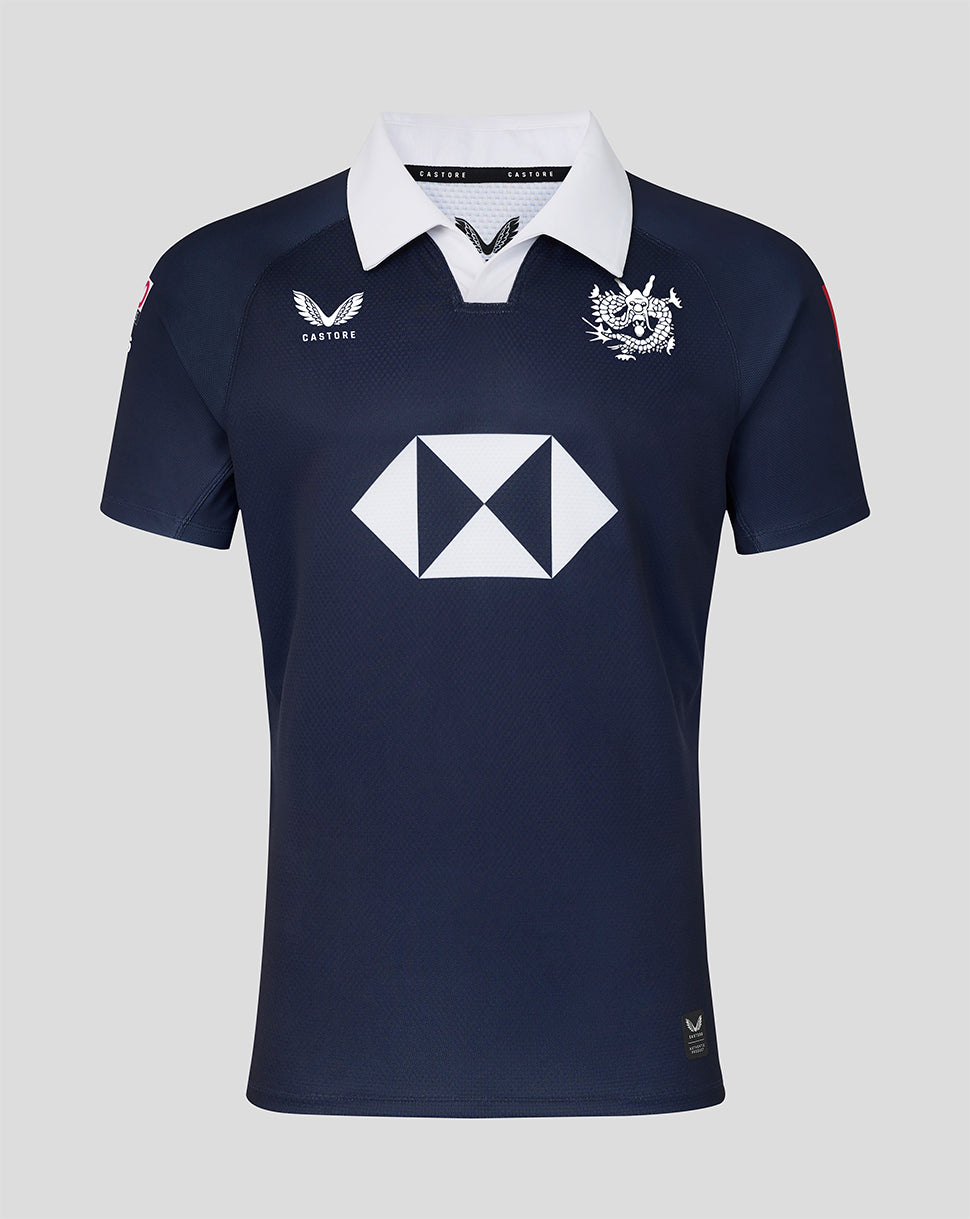 Dark navy long sleeve home replica rugby jersey with white collar crest on chest and large sponsor diamond on front.