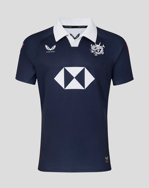 Dark navy long sleeve home replica rugby jersey with white collar crest on chest and large sponsor diamond on front.