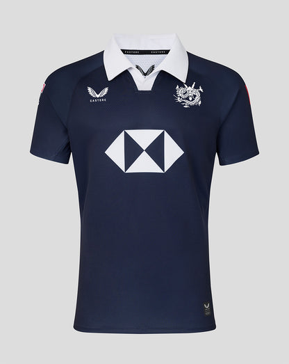 Dark navy long sleeve home replica rugby jersey with white collar crest on chest and large sponsor diamond on front.