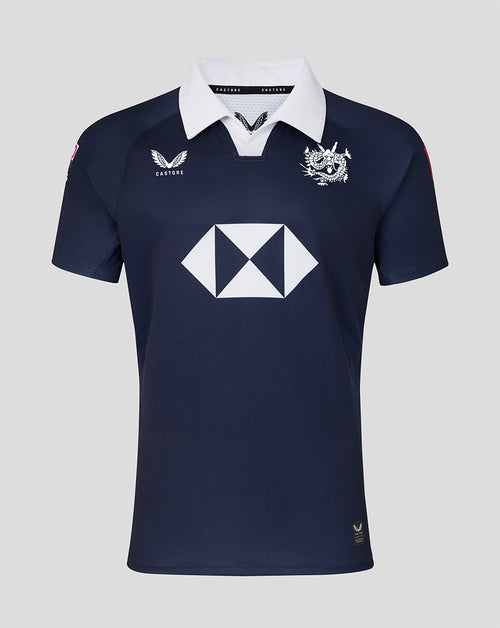 Dark navy long sleeve home replica rugby jersey with white collar crest on chest and large sponsor diamond on front.