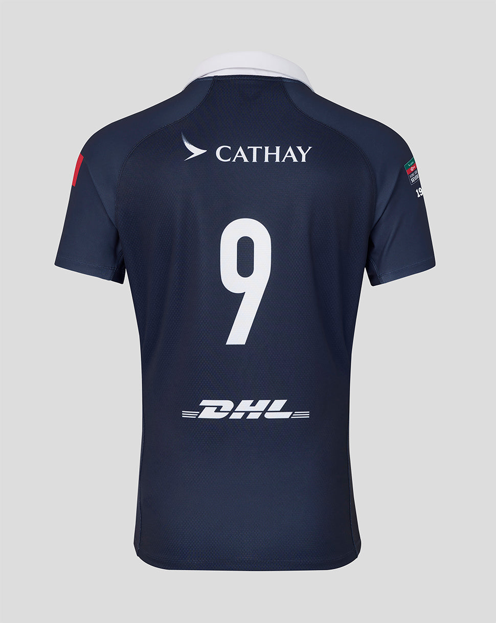 Back view of a navy HK7s limited edition jersey with large white number 9, Cathay sponsor on top and DHL logo near the hem.