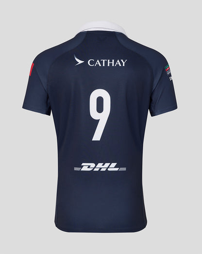 Back view of a navy HK7s limited edition jersey with large white number 9, Cathay sponsor on top and DHL logo near the hem.